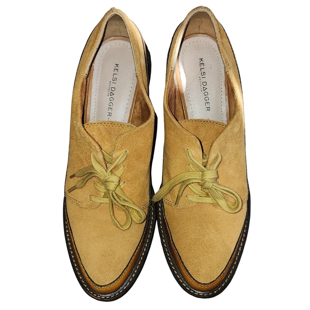 Kelsi Dagger Brooklyn Mustard Yellow Suede Patent Leather Platform Oxfords